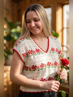 Very J Cream Knit Floral Short-Sleeve Sweater Top